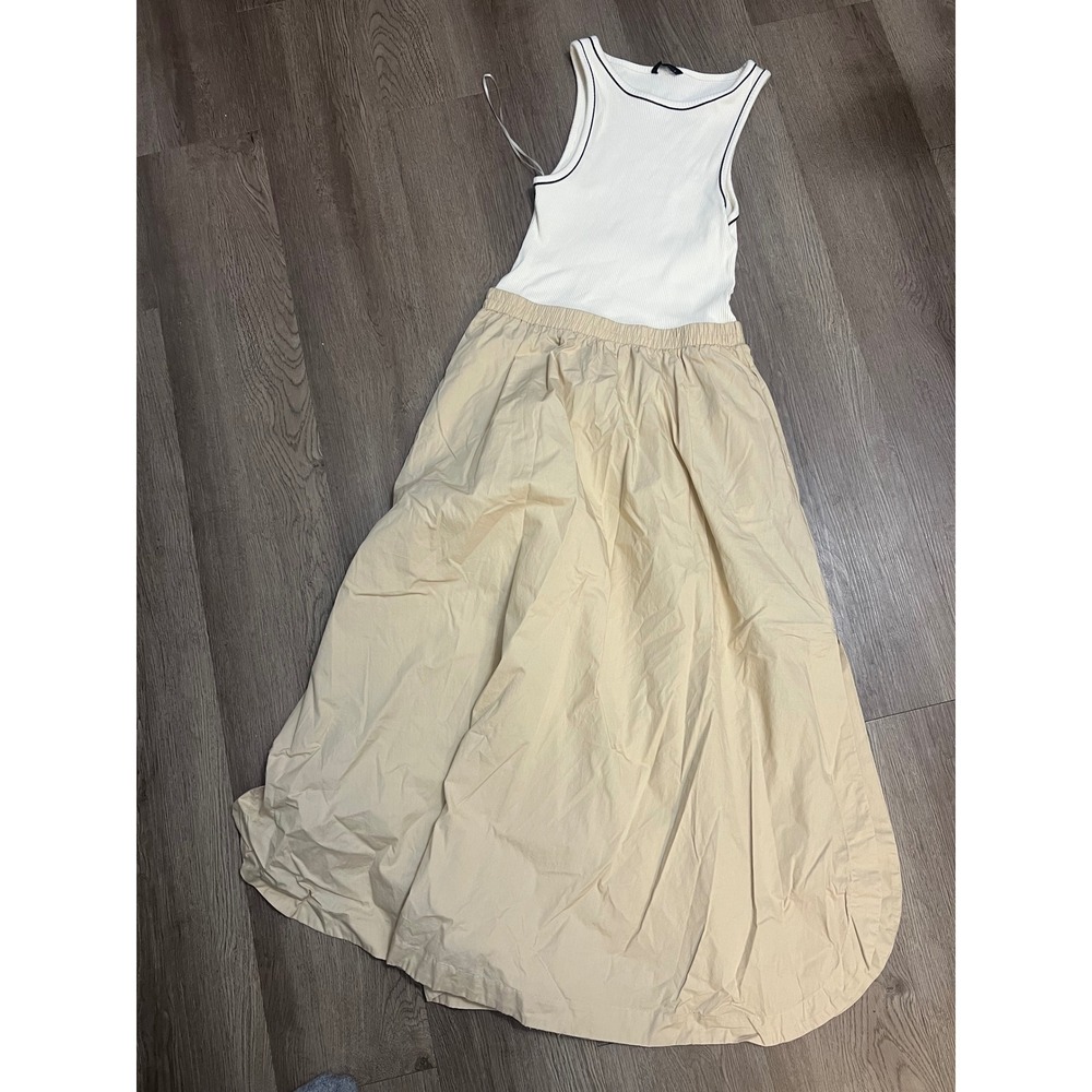 Zara Mixed Media Ribbed Tank Maxi Dress White Tan Medium